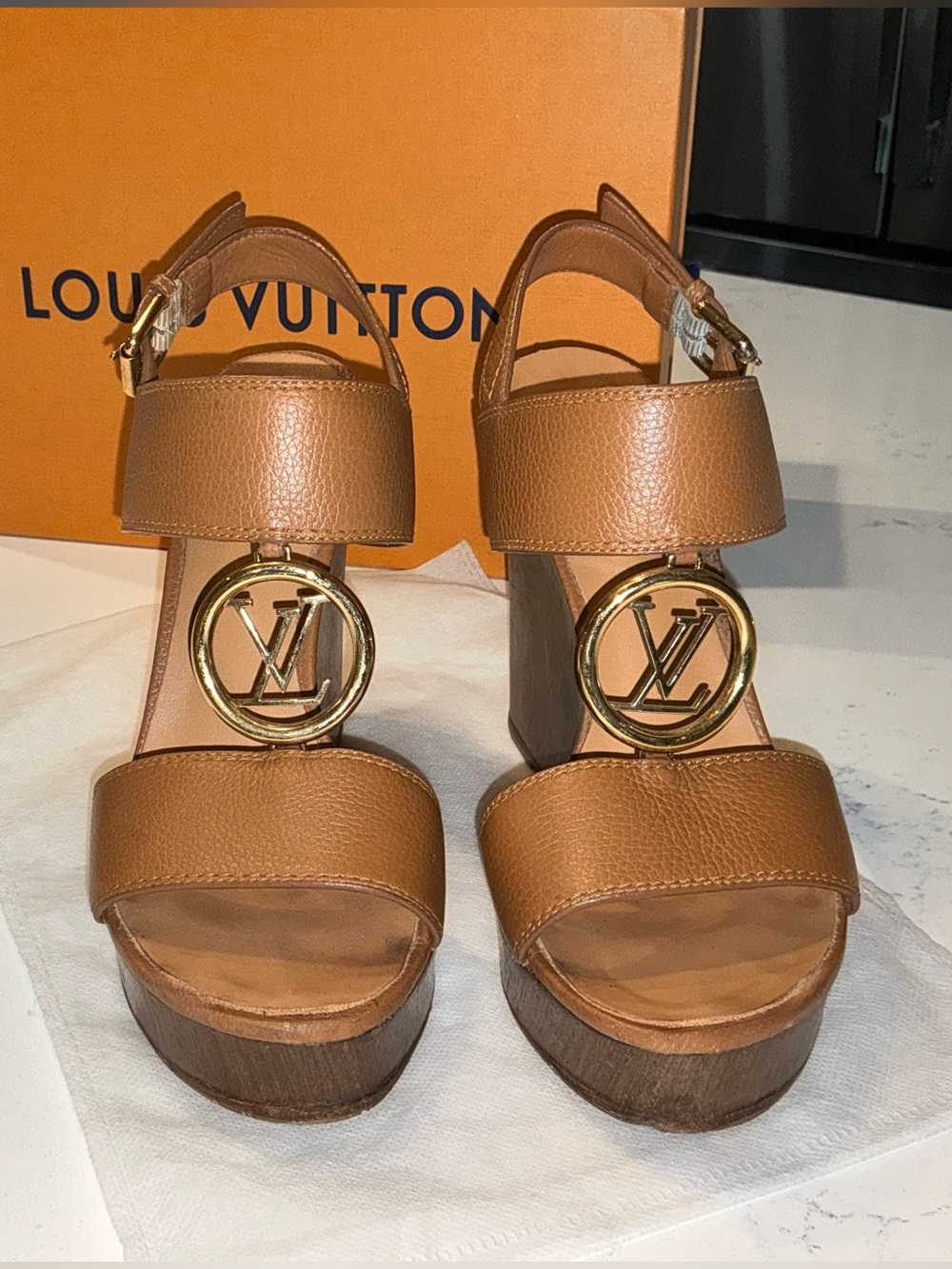Louis Vuitton Cognac Leather LV Medallion Platform Wedge Sandals 7.5 U.S.